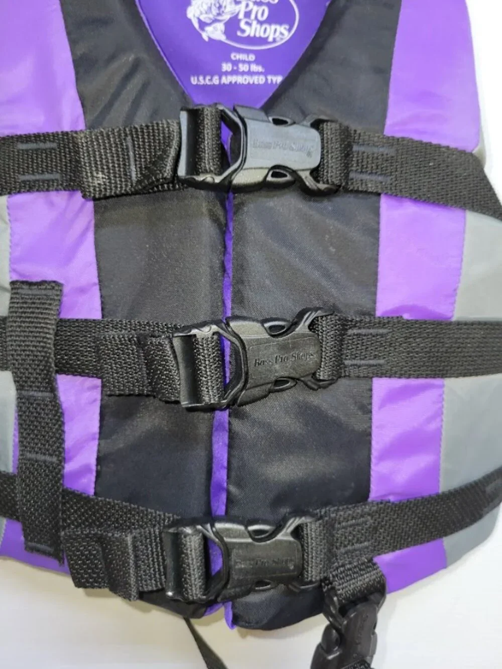 Bass Pro Shops Child Life Jacket 30–50 lb Purple Black Gray Type III PFD